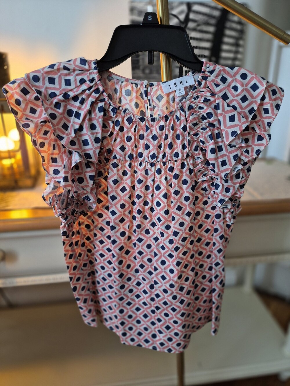 THML Pink and Navy Geometric Ruffle Sleeve Blouse
